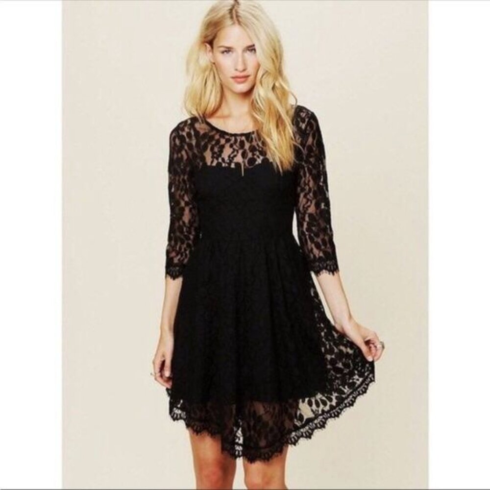 Free people Black Mini Lace Dress Anthro Cocktail Party Size 2 - Picture 2 of 7